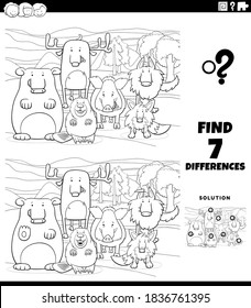 Black and White Cartoon Illustration of Finding Differences Between Pictures Educational Game for Kids with Wild Animal Characters Group Coloring Book Page