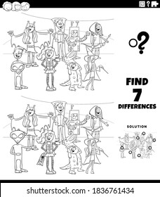 Black and White Cartoon Cartoon Illustration of Finding Differences Between Pictures Educational Game for Children with Halloween Characters Group Coloring Book Page