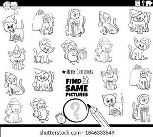 Black and white cartoon illustration of finding two same pictures educational game with cute cats characters on Christmas time coloring book page