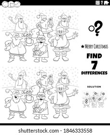 Black and White cartoon illustration of finding differences between pictures educational game for children with Santa Claus group on Christmas time coloring book page