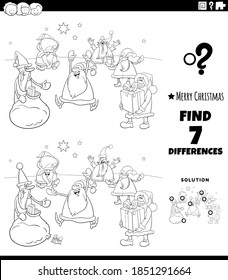 Black and white cartoon illustration of finding differences between pictures educational game for children with Christmas Santa characrters coloring book page