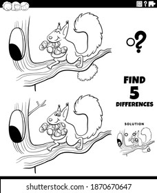 Black and white cartoon illustration of finding the differences between pictures educational game for children with squirrel carrying acorns to her tree hollow coloring book page