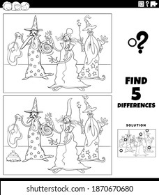 Black and white cartoon illustration of finding the differences between pictures educational game for children with three wizards fantasy characters coloring book page