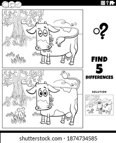 Black and white cartoon illustration of finding the differences between pictures educational game for children with cow farm animal character on the pasture coloring book page