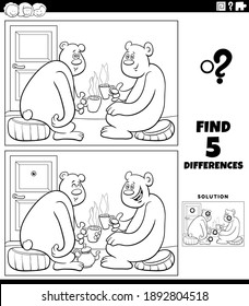 Schwarz-Weiß-Cartoon-Illustration zum Auffinden der Unterschiede zwischen Bildungs-Spiel für Kinder mit Bärenfiguren, die Teefärberei-Buchseite trinken