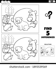 Black and white cartoon illustration of finding the differences between pictures educational game for children with bears and hedgehogs coloring book page