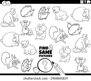 Black and white cartoon illustration of finding two same pictures educational task with funny animal characters coloring book page