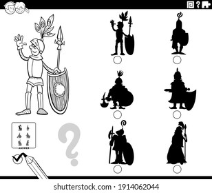 Black and white cartoon illustration of finding the right picture to the shadow educational task for children with knight character coloring book page