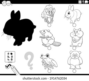 Black and white cartoon illustration of finding the right picture to the shadow educational task for children with animal characters coloring book page