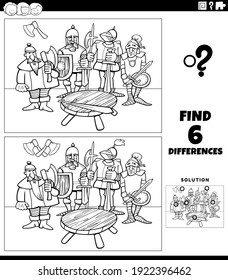 Black and white cartoon illustration of finding the differences between pictures educational game for kids with knights group coloring book page