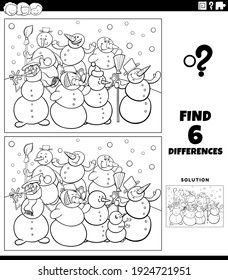 Black and white cartoon illustration of finding the differences between pictures educational game for kids with funny snowmen characters coloring book page