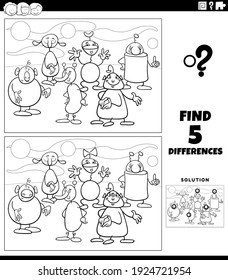 Black and white cartoon illustration of finding the differences between pictures educational game for kids with aliens or funny fantasy characters coloring book page