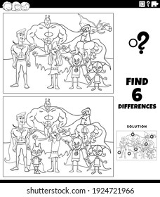 Black and white cartoon illustration of finding the differences between pictures educational game for kids with funny super hero characters coloring book page