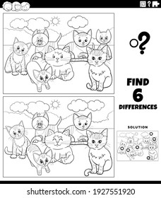Black and white cartoon illustration of finding the differences between pictures educational game for children with funny cats and kitten characters coloring book page
