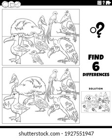 Black and white cartoon illustration of finding the differences between pictures educational game for kids with funny birds animal characters group coloring book page