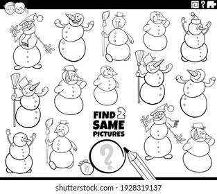 Black and white cartoon illustration of finding two same pictures educational game for children with snowmen characters coloring book page