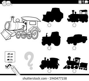 Schwarz-Weiß-Cartoon-Illustration zum Finden des richtigen Schattens zum Bilderlehrspiel für Kinder mit Lokomotivfarbenbuchseite