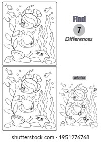 Black and White Cartoon Illustration of Finding Differences Between Pictures. Educational Game for Children with sea fish. Coloring Book Page.