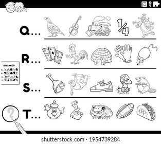 Black and white cartoon illustration of finding pictures starting with referred letter educational task worksheet for preschool or elementary school children with comic characters coloring book page