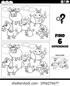Black and white cartoon illustration of finding the differences between pictures educational game for kids with funny farm animals characters coloring book page