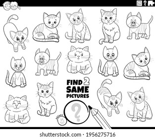 Black and white cartoon illustration of finding two same pictures educational game with funny cats comic animal characters coloring book page