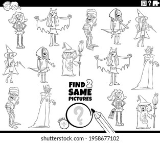 Black and white cartoon illustration of finding two same pictures educational game with funny kids characters at the costume party coloring book page