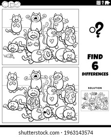 Black and white cartoon illustration of finding the differences between pictures educational game for children with cats animal characters group coloring book page