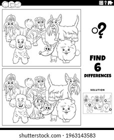 Black and white cartoon illustration of finding the differences between pictures educational game for children with funny purebred dogs animal characters group coloring book page