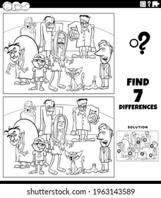 Black and white cartoon illustration of finding the differences between pictures educational game for children with comic zombie characters coloring book page