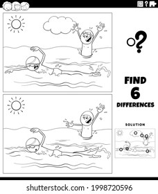 Black and white cartoon illustration of finding the differences between pictures educational game for children with swimming boys coloring book page