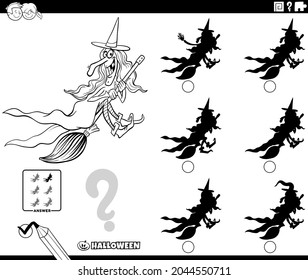 Black and white cartoon illustration of finding the shadow without differences educational game for children with witch on broom Halloween character coloring book page