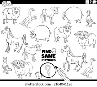 Black and white cartoon illustration of finding two same pictures educational game with farm animals characters coloring book page