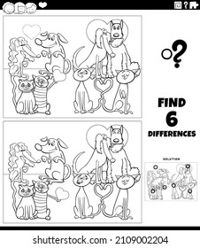 Black and white cartoon illustration of finding differences between pictures educational game with funny pets in love on Valentines Day coloring book page