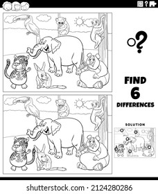 Black and white cartoon illustration of finding the differences between pictures educational game for children with funny animal characters group coloring book page