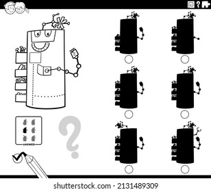 Black and white cartoon illustration of finding the shadow without differences educational game for children with robot character coloring book page