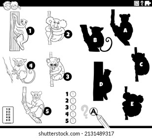 Black and white cartoon illustration of finding the right shadows to the pictures educational game for children with animal characters coloring book page