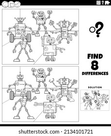 Black and white cartoon illustration of finding the differences between pictures educational task for children with funny robots fantasy characters coloring book page