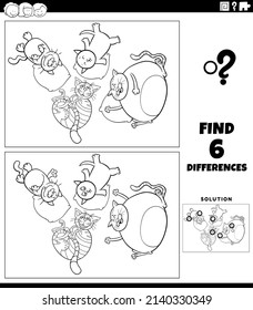Black and white cartoon illustration of finding the differences between pictures educational game for children with sleeping cats characters group coloring book page