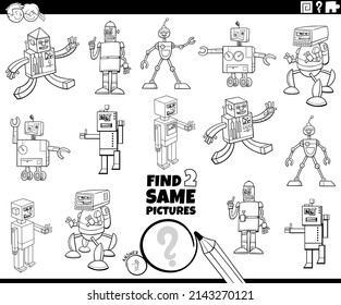 Black and white cartoon illustration of finding two same pictures educational game with funny robot characters coloring book page