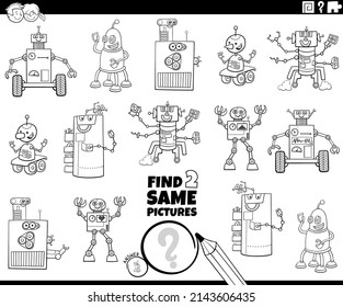 Black and white cartoon illustration of finding two same pictures educational game with comic robot characters coloring book page