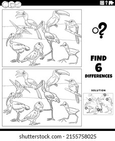 Dibujo de dibujos en blanco y negro que ilustra las diferencias entre imágenes juegos educativos para niños con aves personajes animales grupo página de libros de colorear