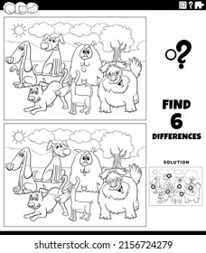Black and white cartoon illustration of finding the differences between pictures educational game with happy dogs animal characters group coloring book page