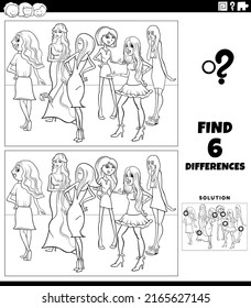 Black and white cartoon illustration of finding the differences between pictures educational game with beautiful women characters group coloring page