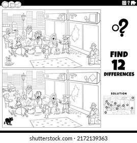 Black and white cartoon illustration of finding the differences between pictures educational game with situation in the city coloring page