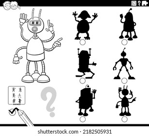 Black and white cartoon illustration of finding the right picture to the shadow educational game for children with funny robot character coloring page