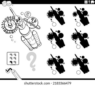 Black and white cartoon illustration of finding the shadow without differences educational game with rocket in space coloring page