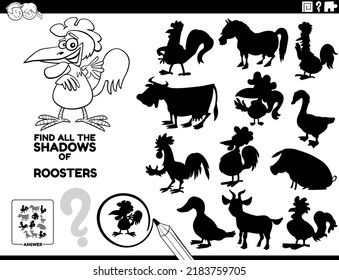 Black and white cartoon illustration of finding all the shadows or silhouettes of roosters educational game for children coloring page