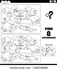 Black and white cartoon illustration of finding the differences between pictures educational game with funny wild animal characters group coloring book page
