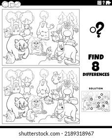 Black and white cartoon illustration of finding the differences between pictures educational game with funny wild animal characters group coloring book page