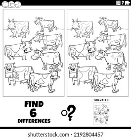 Schwarz-Weiß-Cartoon-Illustration zum Auffinden der Unterschiede zwischen Bildungs-Spiel mit Kühen Farbezeichen Farbseiten